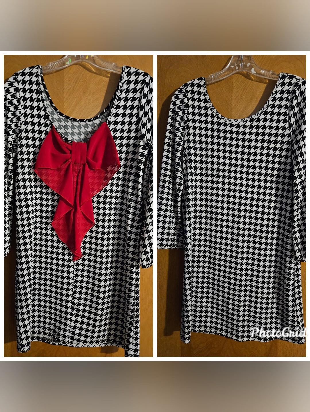 Audrey Ann Black & White Houndstooth Long Sleeve Dress With Red Bow
